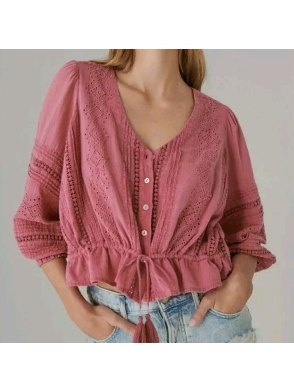 LUCKY BRAND Heather Rose EYELET Button Down TASSEL Tie BOHO Top BLOUSE XLARGE